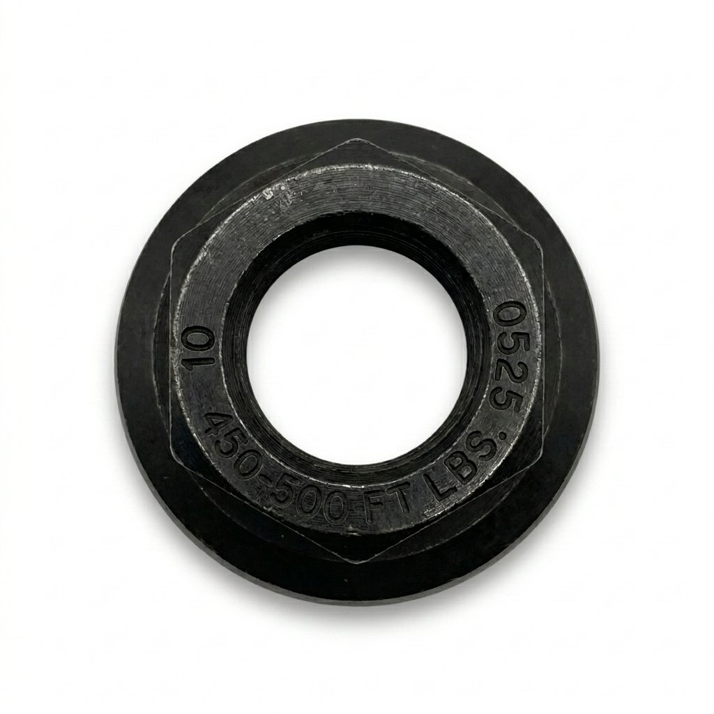 GCW M22 two-piece flanged hub nut — black oxide finish, rotating flange, top-down view