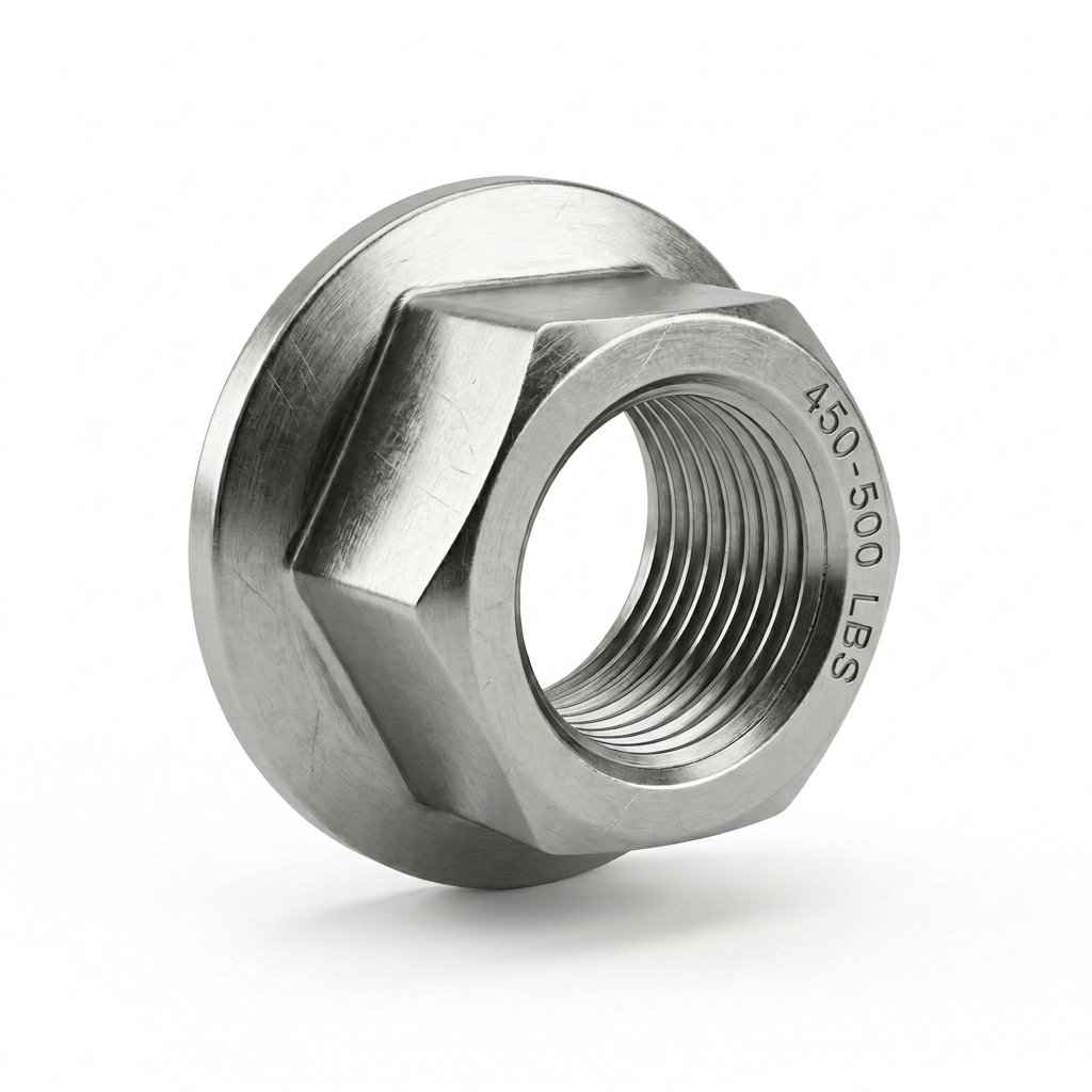 GCW M22 flanged hub nut — silver finish, angled view showing threads